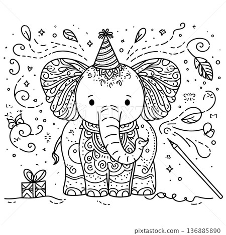 cute elephant with mandala pattern wearing party cone hat vector illustration for coloring book 136885890
