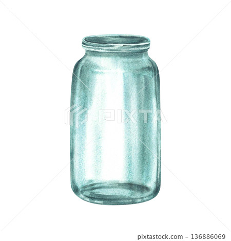 Glass jars, empty bottle or vase. Watercolor vintage hand painted old glassware, kitchen containers for storage or preservation. Illustration isolated from background for farm vegetables, fruit food. 136886069