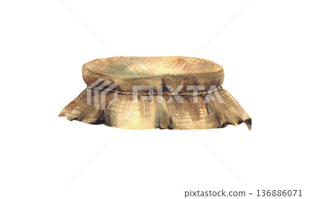 Canvas burlap fabric lid tied with rope around. Watercolor vintage fabric lid for glass preserving jars. Hand drawn illustration isolated from background for homemade food preparations, farm products. 136886071