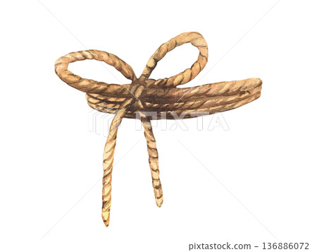 Jute string, rope bow. Natural twine ribbon. Watercolor hand drawn vintage style illustration. Eco nature brown bow, knot for tie for bottle, vase, jar, or something round. Isolated from background Jute string, rope bow. Natural twine ribbon. Watercolor hand drawn vintage style illustration. Eco nature brown bow, knot for tie for bottle, vase, jar, or something round. Isolated from background 136886072