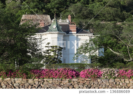 The whiteness of Jinpukaku stands out among the azaleas and trees. The whiteness of Jinpukaku stands out among the azaleas and trees. 136886089