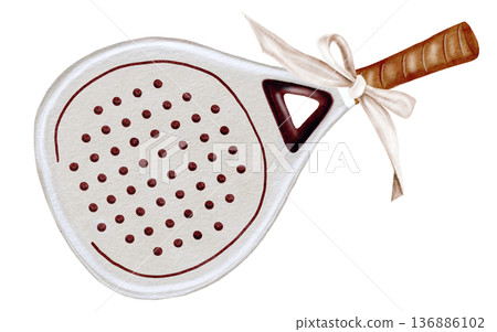 Paddle tennis racket watercolor illustration. Clip art of sports equipment. Ideal for brochures, banners, and booklets for squash or badminton. 136886102