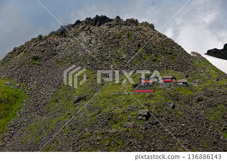 從鳥海山外緣眺望新居山和禦物木神社。 從鳥海山外緣眺望新居山和禦物木神社。 136886143