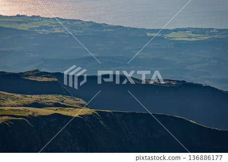 View of the Hokotate trailhead and the Sea of Japan from the outer rim of Mt. Chokai and Shichitakayama 136886177