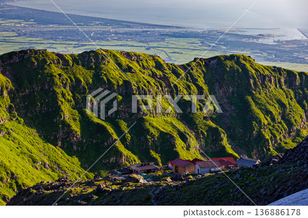 Omonoki Shrine and Sakata cityscape in the evening as seen from the outer rim of Mt. Chokai and Shichitakayama 136886178