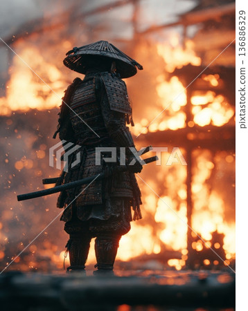 The back of a samurai gazing at the burning battlefield The back of a samurai gazing at the burning battlefield 136886329