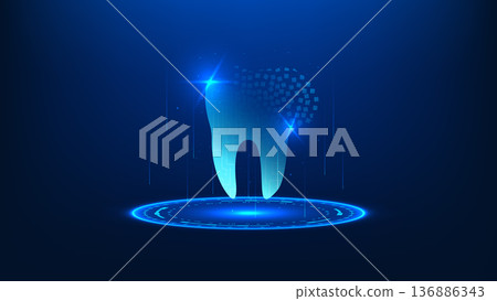 Dental medical technology concept featuring a tooth integrated with digital circuit patterns, representing advanced oral treatment, smart dentistry, healthcare innovation, and modern dental technology 136886343