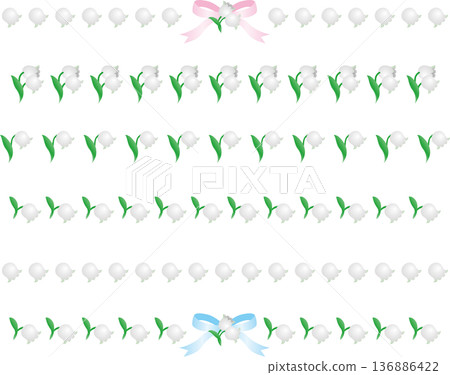 鈴蘭線條和邊框插圖套裝。春季裝飾、標題、絲帶和花卉向量設計合集 136886422