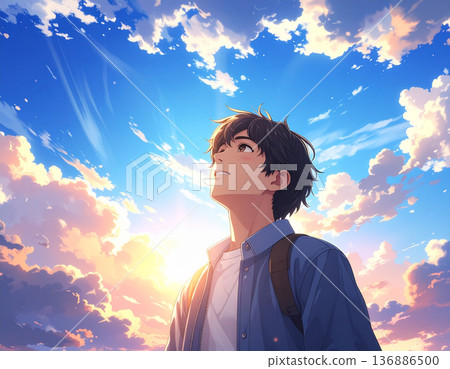 Casually dressed man looking up at the sky, steps towards the future 136886500