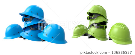 Set of construction safety helmets isolated on white transparent background, symbolizing safety and industry standards Set of construction safety helmets isolated on white transparent background, symbolizing safety and industry standards 136886557