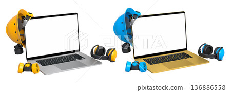 Laptops with blank screens surrounded by construction helmets, respirators and earmuffs on white background with clipping path 136886558