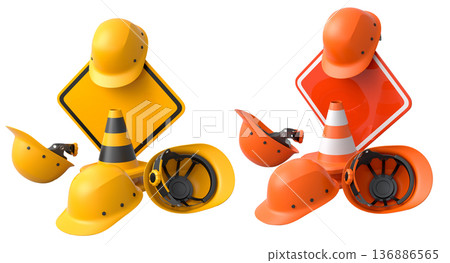 Construction hard hats, traffic cones, and road signs isolated on white background with clipping path, concept of safety gear 136886565