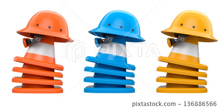 Stack of construction helmets and traffic cones isolated white background with clipping path, representing safety equipment Stack of construction helmets and traffic cones isolated white background with clipping path, representing safety equipment 136886566