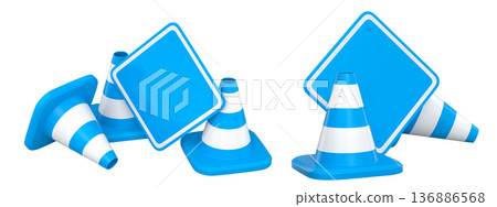 Construction traffic cones and road signs isolated on white background with clipping path, concept of safety gear Construction traffic cones and road signs isolated on white background with clipping path, concept of safety gear 136886568