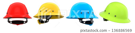 Set of construction safety helmets isolated on white transparent background, symbolizing safety and industry standards 136886569