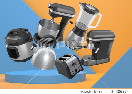 Set of kitchen appliances including mixer, toaster, blender, and coffee maker on white colorful podium and background Set of kitchen appliances including mixer, toaster, blender, and coffee maker on white colorful podium and background 136886574