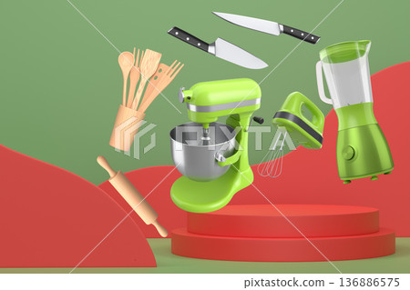 Various kitchen tools including mixer, blender, knives, and utensils floating over podium on abstract background 136886575