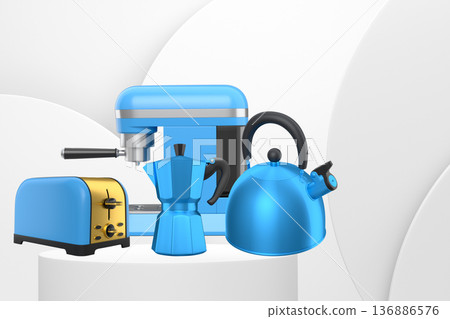 Assorted kitchen appliances including toaster, kettle and coffee maker over podium on abstract background 136886576