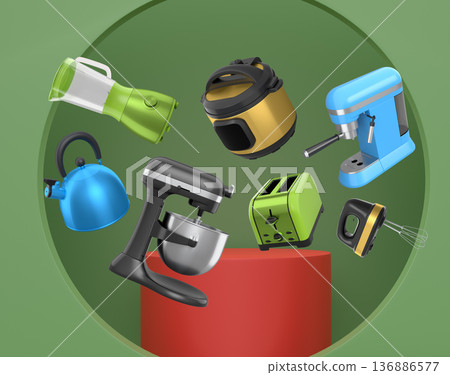 Set of kitchen appliances including mixer, toaster, blender, and coffee maker on white colorful podium and background 136886577