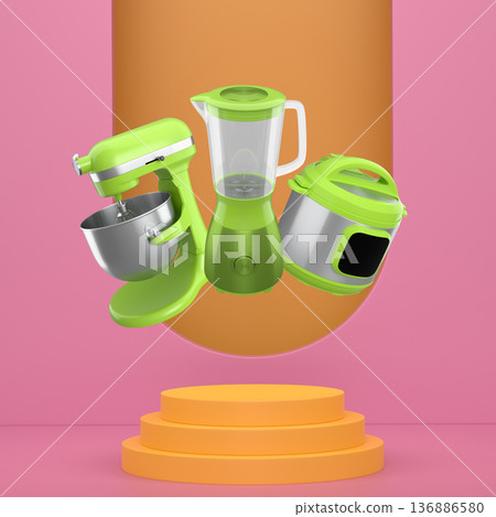 Set of kitchen appliances including a pressure cooker, blender, and mixer floating over podium on abstract background 136886580