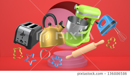 Set of kitchen appliances with baking tools and cookie cutters floating over podium, concept of modern cooking Set of kitchen appliances with baking tools and cookie cutters floating over podium, concept of modern cooking 136886586