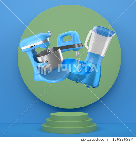 Electric kitchen appliances including mixer, blender and whisk floating on abstract background, concept of modern cooking tools Electric kitchen appliances including mixer, blender and whisk floating on abstract background, concept of modern cooking tools 136886587