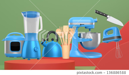 Set of kitchen appliances and utensils floating in mid-air over podium and abstract background, modern cooking concepts 136886588