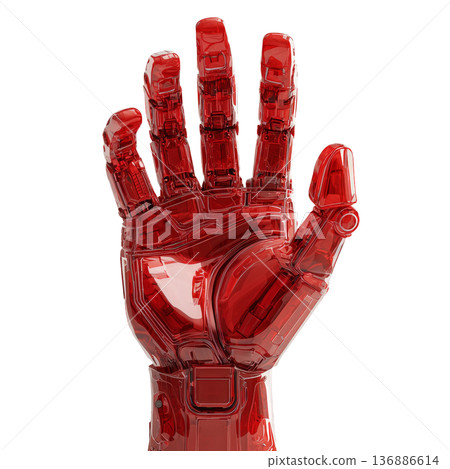 A red transparent robotic open palm hand in glossy style on white background, symbolizing technology and innovation concepts 136886614
