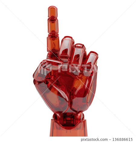 Red glossy robotic hand pointing upward in a sleek futuristic style on a white background, symbolizing innovation and progress Red glossy robotic hand pointing upward in a sleek futuristic style on a white background, symbolizing innovation and progress 136886615