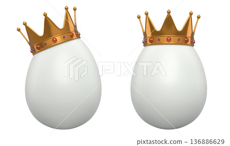White eggs adorned with golden crowns with red gemstones, isolated on white transparent background. White eggs adorned with golden crowns with red gemstones, isolated on white transparent background. 136886629