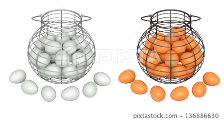 Wire baskets filled with eggs, isolated on white transparent background, concept of kitchen storage Wire baskets filled with eggs, isolated on white transparent background, concept of kitchen storage 136886630