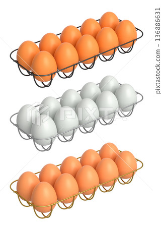Metal trays filled with neatly stacked white and brown eggs, isolated on white transparent background. Metal trays filled with neatly stacked white and brown eggs, isolated on white transparent background. 136886631