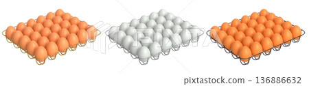 Metal trays filled with neatly stacked white and brown eggs, isolated on white transparent background. 136886632