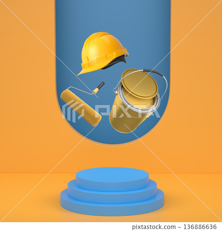 Hard hat, paint bucket and roller brush floating in air over podium on abstract background, renovation and construction tools 136886636