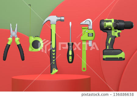 Construction tools and safety equipment floating over podium on abstract background, industrial work and protection concept Construction tools and safety equipment floating over podium on abstract background, industrial work and protection concept 136886638