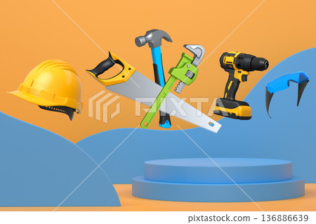 Construction tools and safety equipment floating over podium on abstract background, industrial work and protection concept 136886639