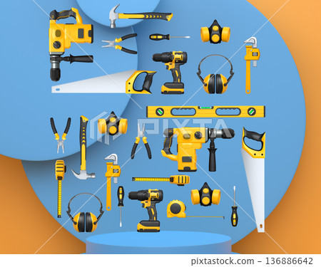 Construction tools and safety equipment floating over podium on abstract background, industrial work and protection concept Construction tools and safety equipment floating over podium on abstract background, industrial work and protection concept 136886642