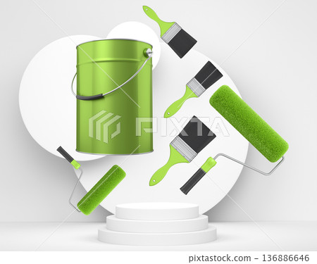 Brushes, paint bucket and roller brush floating in air over podium on abstract background, renovation and construction tools Brushes, paint bucket and roller brush floating in air over podium on abstract background, renovation and construction tools 136886646