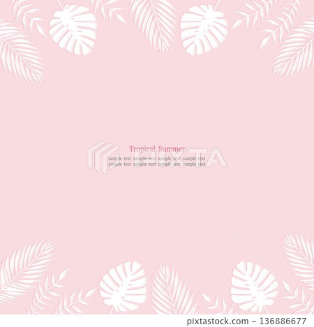 熱帶樹葉邊框粉紅色方形設計粉紅色背景 136886677