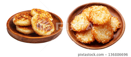 Set of Crispy golden fried sago cakes isolated on white transparent background, concept of Papua New Guinea breakfast food Set of Crispy golden fried sago cakes isolated on white transparent background, concept of Papua New Guinea breakfast food 136886696