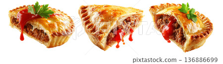 Set of Australia meat pie filled with minced meat and topped with ketchup, isolated on white transparent background Set of Australia meat pie filled with minced meat and topped with ketchup, isolated on white transparent background 136886699