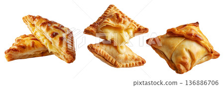 Flaky filled puff pastries pocket with melted cheese oozing out, isolated on white background, concept of Brazil snack Flaky filled puff pastries pocket with melted cheese oozing out, isolated on white background, concept of Brazil snack 136886706