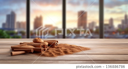 Cinnamon pile on table copy space blurred background, AI Generated 136886786