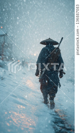 雪地裡行走的武士的背影 136887083