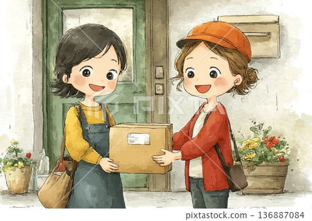 女性送貨員和顧客在門口交接包裹 圖畫書風格的插圖 136887084