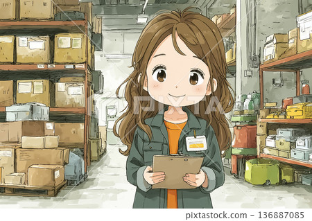 女性員工在倉庫管理庫存 物流現場工作場景插圖 136887085