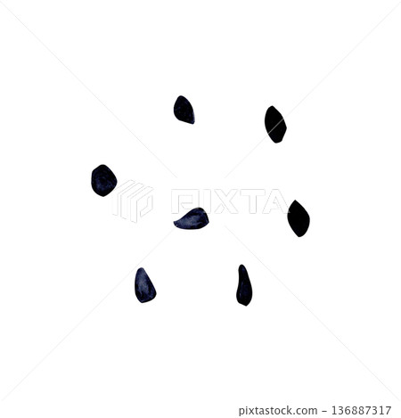 Black sesame seeds isolated on white, hand-painted watercolor ingredient elements with organic shapes and dark texture. Perfect for bakery design, food packaging, menu decoration, culinary branding 136887317