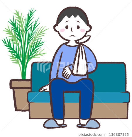 Injured man sitting on sofa Injured man sitting on sofa 136887325