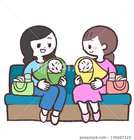 Illustration of mothers holding babies sitting on a sofa and chatting Illustration of mothers holding babies sitting on a sofa and chatting 136887329
