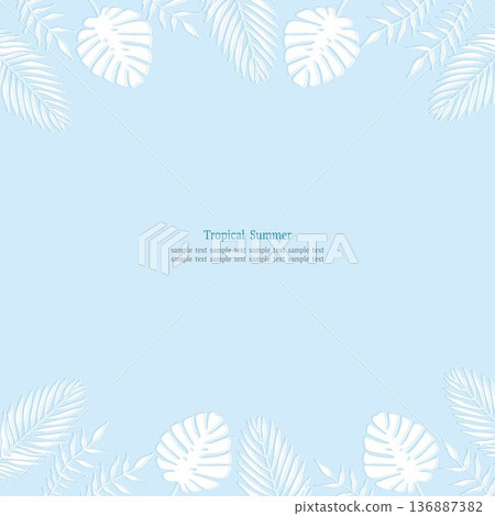 熱帶樹葉框架藍色方形藍色背景 136887382